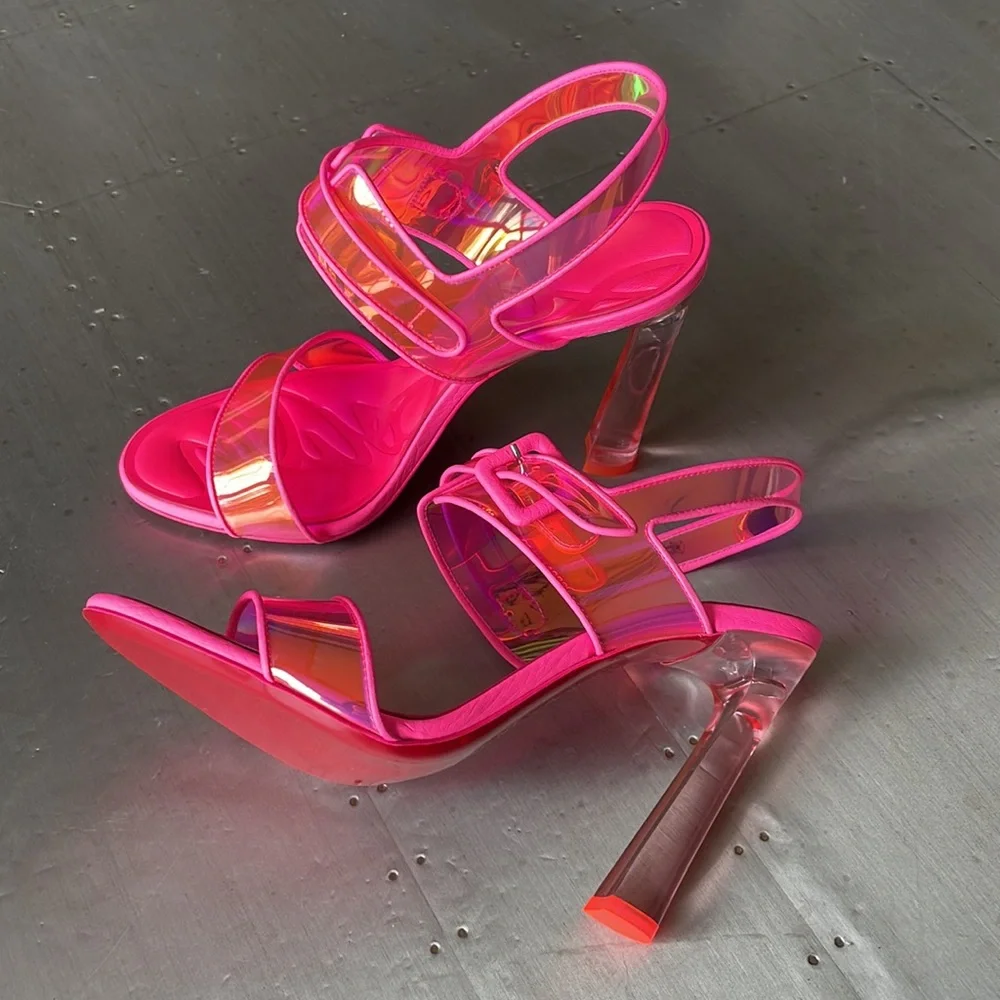 Christian Louboutin loubi duniss 100mm pink neon pvc pump peep toe sandal sz 40 - Picture 5 of 12